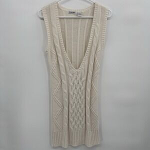 VTG Energie Y2K Womens Deep V Neck Cable Knit Sweater Size L Ivory Cottage Cozy